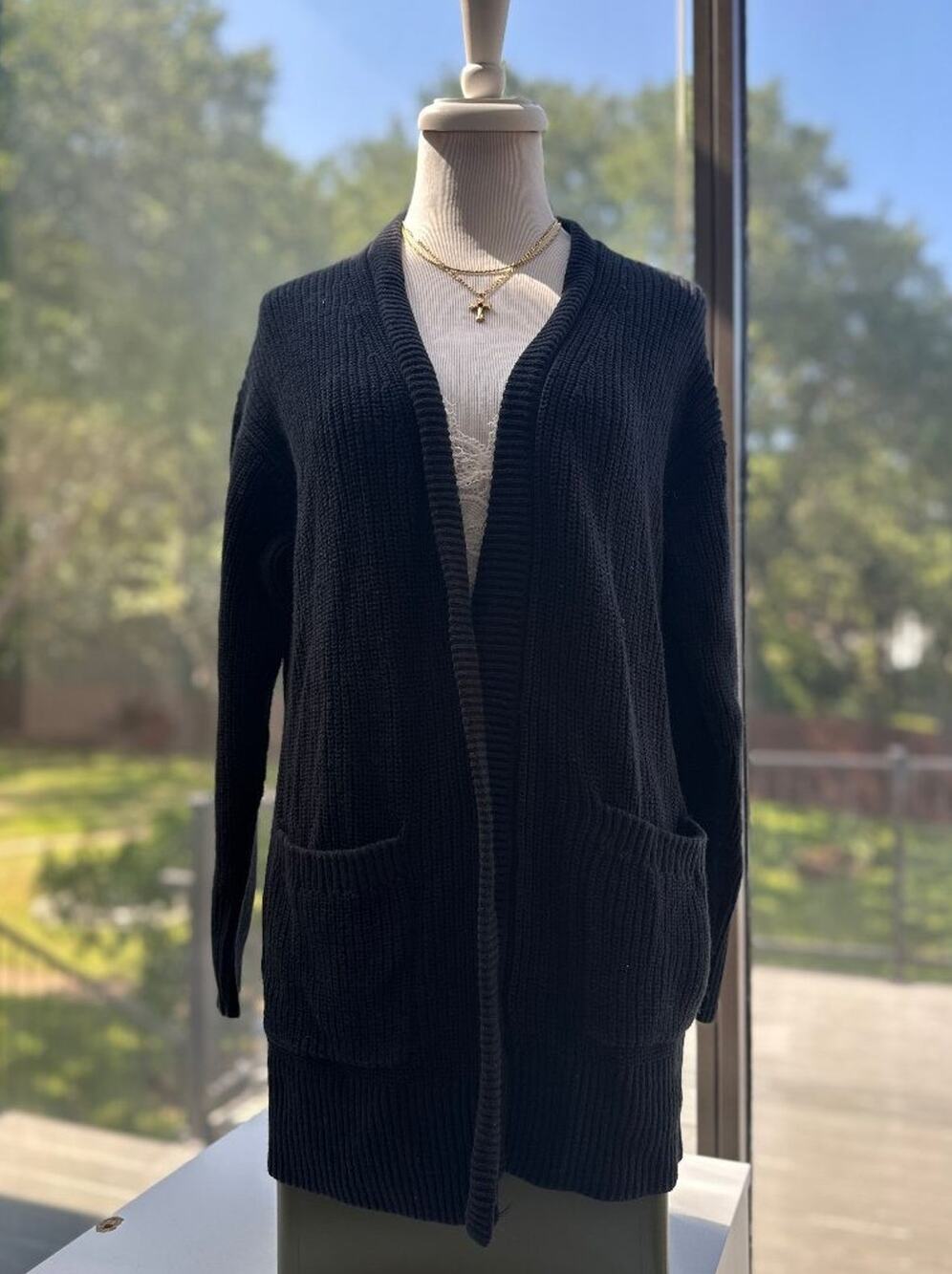 Max & Mia Womens L Black Chunky Knit Open Front Cardigan Cotton Pockets Sweater